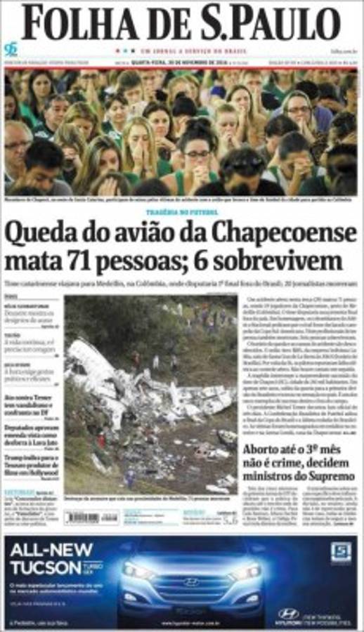 PORTADAS: ¡El mundo llora la tragedia aérea del Chapecoense!