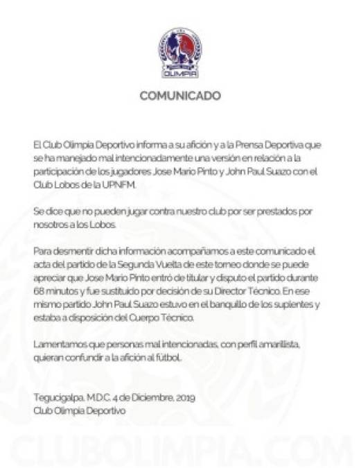 Olimpia emite comunicado sobre polémica de José Mario Pinto y John Paul Suazo