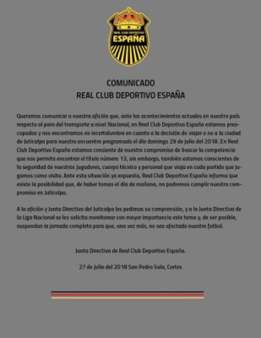Real España pide a Liga Nacional que 'suspendan la jornada completa'