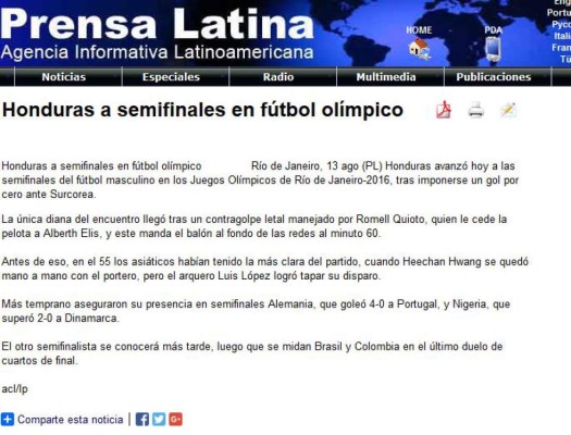 Prensa internacional: Hazaña de Honduras en los Juegos Olímpicos de Río