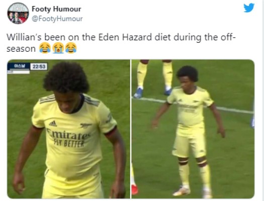 ¿Qué le pasó? William indigna a la afición del Arsenal por su sobrepeso, se burlan de él y lo comparan con Hazard
