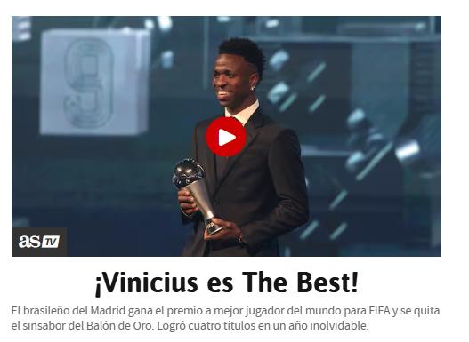 Vinicius ganó el premio The Best y la prensa reacciona: “Aquí sí asiste el Madrid; ya es mucho más grande que Neymar”