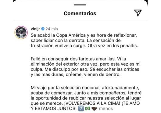 El mensaje de Vinicius luego de la eliminación de Brasil de la Copa América. El brasileño se echa la culpa.