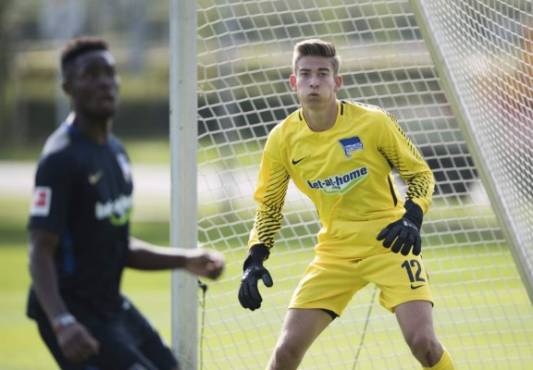 FILE - In this July 3, 2017 photo goalkeeper Jonathan Klinsmann stands between the posts at a training session in Berlin, Germany. Hertha Berlin signed Jonathan Klinsmann, the son of former United States coach and Germany striker Juergen Klinsmann, on Tuesday after he impressed during his trial with the Bundesliga club. (Soeren Stache/dpa via AP)