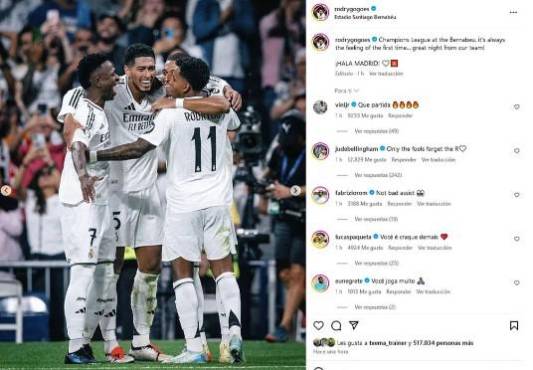 La publicación de Rodrygo la respondió Vinicius y Jude Bellingham.