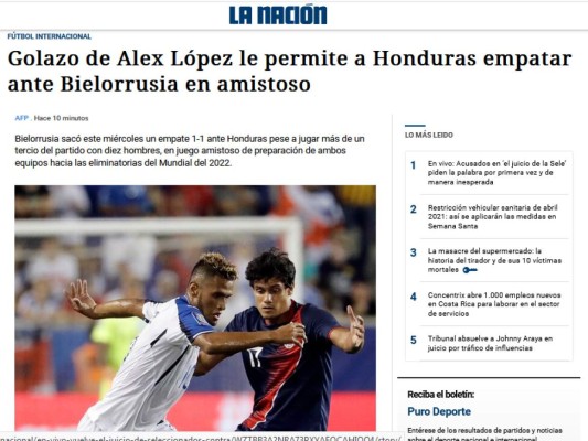 Prensa Internacional elogia a Alex López por su golazo en el empate de Honduras ante Bielorrusia