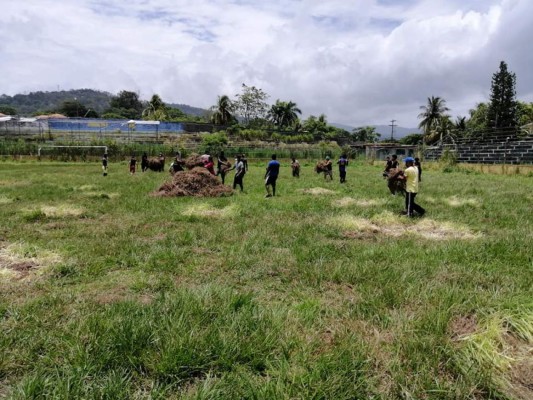 Jugadores del Tela FC dejan el balón a un lado y comienzan a limpiar el estadio Alfredo León Gómez