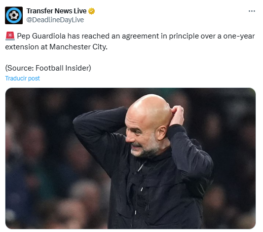 Guardiola tendría un principio de acuerdo con Manchester City para renovar por un año más, hasta 2026.