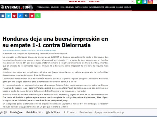 Prensa Internacional elogia a Alex López por su golazo en el empate de Honduras ante Bielorrusia
