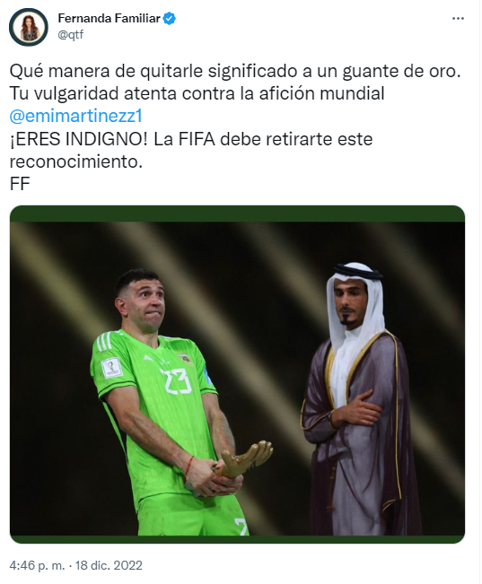 “Tu vulgaridad atenta contra la afición, la FIFA debería quitarte el premio”: explotan críticas contra Dibu Martínez por obscenso gesto