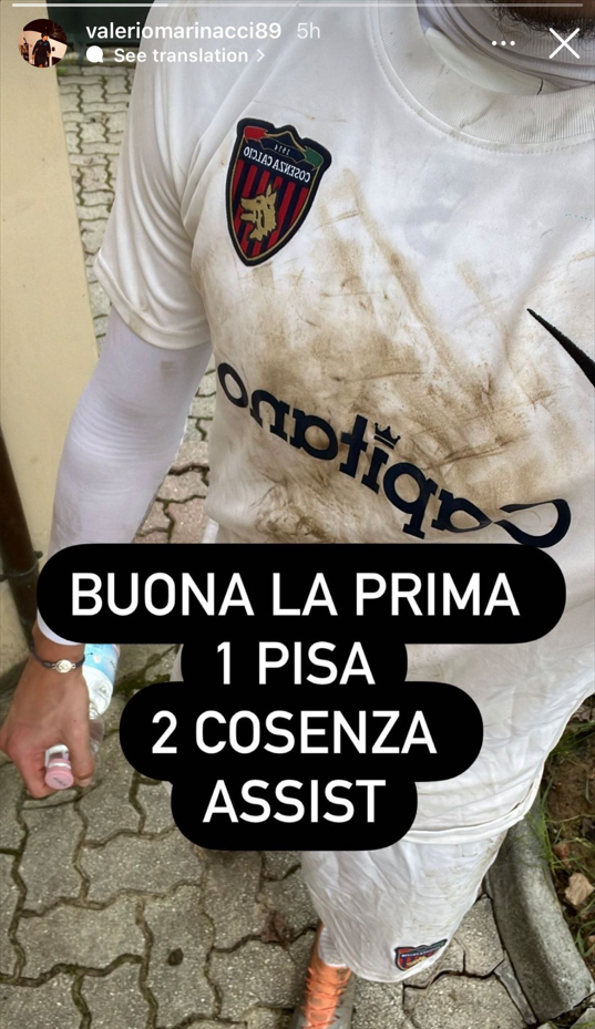 Marinacci posteó en sus redes sociales una imagen tras su debut con Consenza.