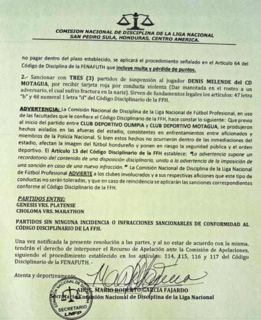 La Comisión de Disciplina hizo un llamado de atención a los aficionados de Olimpia y Motagua.