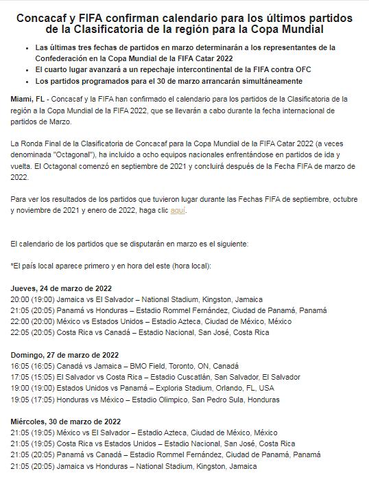 OFICIAL: Concacaf y FIFA confirman día, hora y fecha para el cierre de la Octagonal