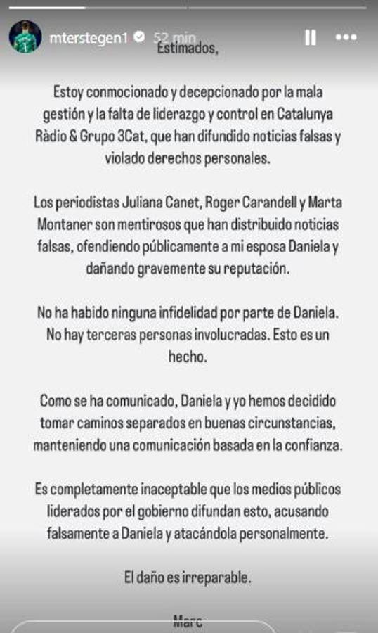 Ter Stegen lanza comunicado tras supuesta infidelidad de su exesposa: “Estoy conmocionado y decepcionado...”