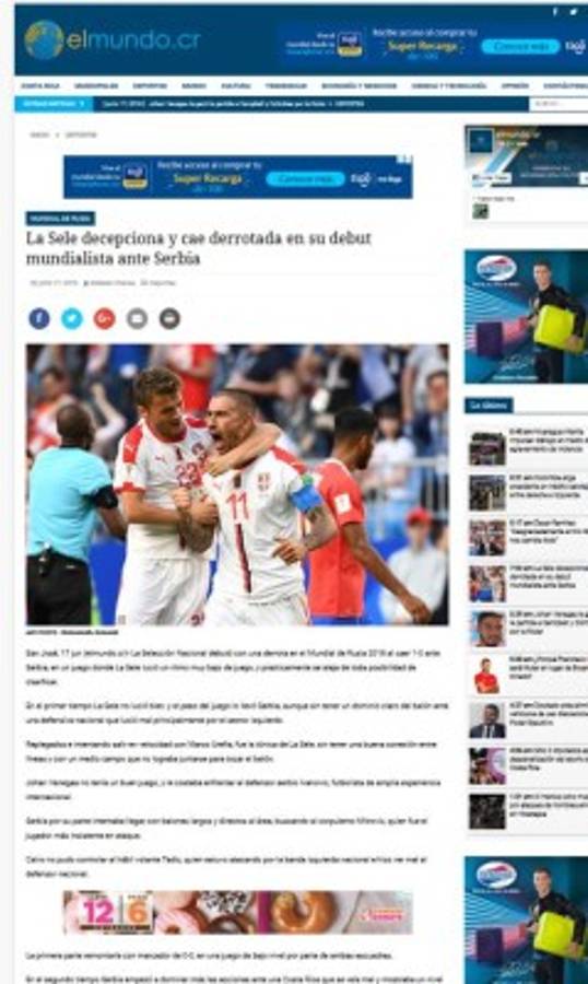 Prensa de Costa Rica: 'Se apaga la ilusión de los octavos en Rusia'