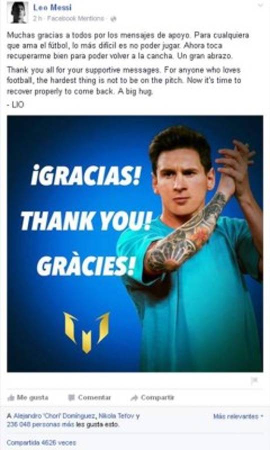 Messi da las gracias por las muestras de apoyo a través de las redes