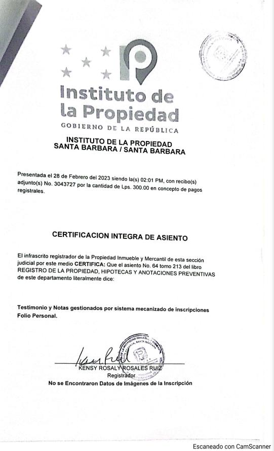 EVIDENCIA. En el Instituto de la Propiedad está correctamente inscrito el terreno a nombre de la Fenafuth y no como un activo propiedad de la Municipalidad de San José de Colinas, Santa Bárbara.