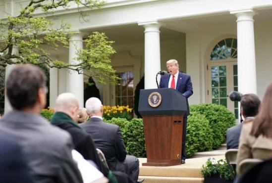 US President Donald Trump speaks during the daily briefing on the novel coronavirus, which causes COVID-19, in the Rose Garden of the White House on April 14, 2020, in Washington, DC. (Photo by MANDEL NGAN / AFP)