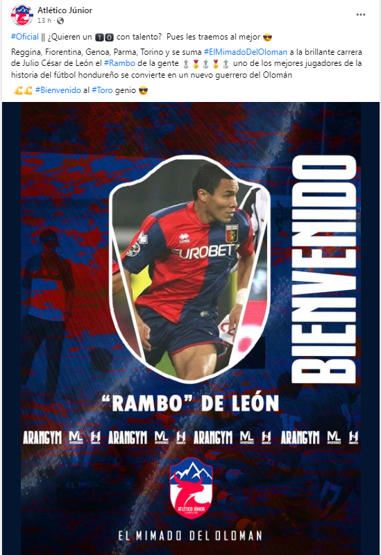 Sorpresa: Rambo de León se marcha del San Juan de Quimistán y es anunciado por su nuevo club a sus 42 años