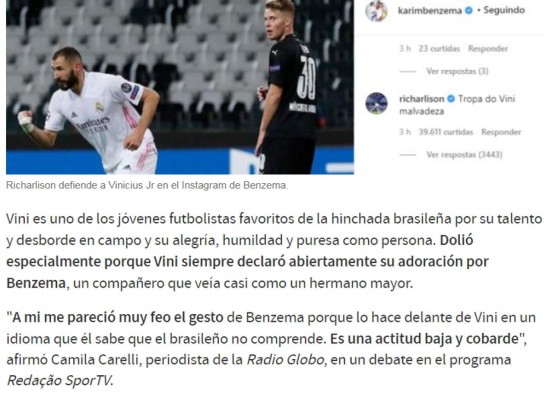 'Benzema fue antiético, cobarde y ridículo': La prensa de Brasil e internacional sobre el ataque a Vinicius &nbsp;&nbsp;