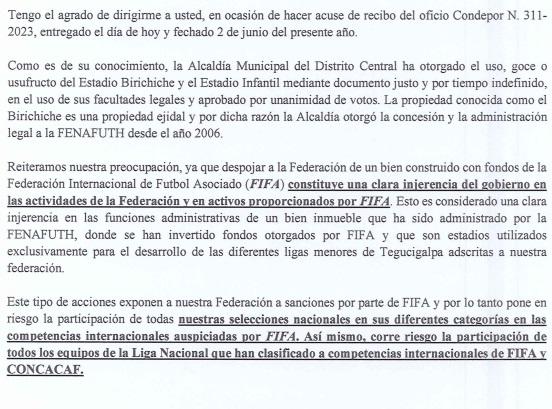 El documento de respuesta por parte de la FENAFUTH hacia Condepor. “Este tipo de acciones pone en riesgo la participación de todas nuestras selecciones nacionales en sus diferentes categorías en las competencias internacionales”.