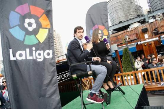 NEW YORK, NY - APRIL 23: Retired soccer player Raul Gonzalez (L) speaks during a roofop viewing party of El Clasico - Real Madrid CF vs FC Barcelona hosted by LaLiga at 230 Fifth Avenue on April 23, 2017 in New York City. Brian Ach/Getty Images for LaLiga/AFP