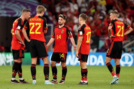 Belgium's players react after losing the Qatar 2022 World Cup Group F football match between Belgium and Morocco at the Al-Thumama Stadium in Doha on November 27, 2022. (Photo by JACK GUEZ / AFP)