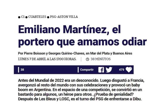 El artículo que han dedicado al Dibu Martínez antes del PSG vs Aston Villa.