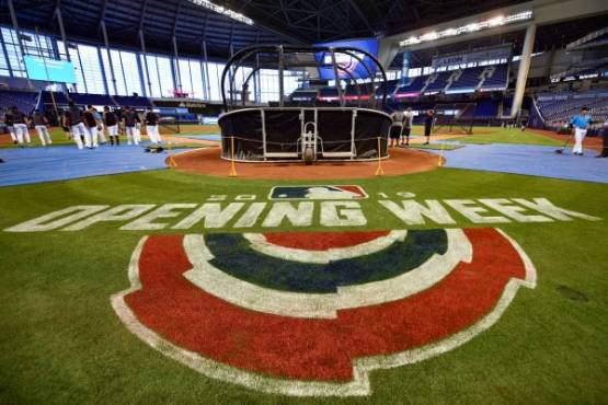 MIAMI, FL - MARCH 28: A general view of warm ups before the game between the Miami Marlins and the Colorado Rockies during Opening Day at Marlins Park on March 28, 2019 in Miami, Florida. Mark Brown/Getty Images/AFP