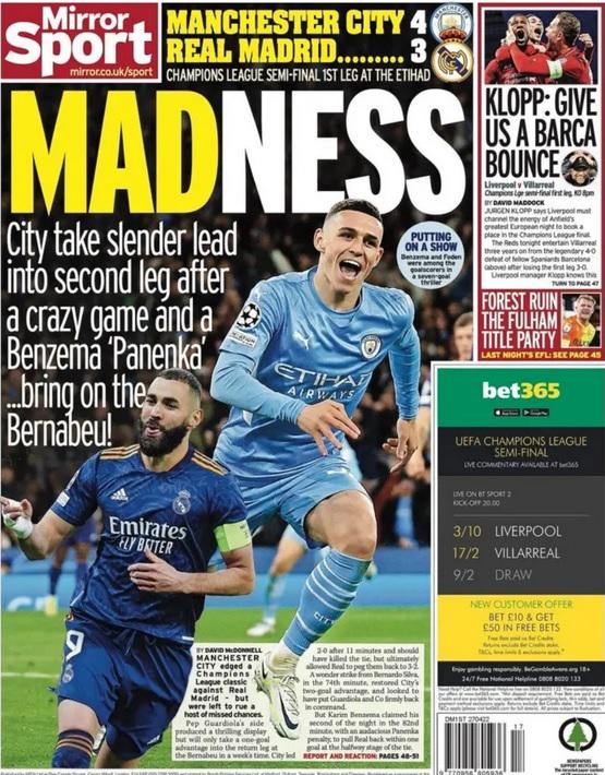 Las portadas que dejó el partidazo entre Manchester City y Real Madrid: “Milagro” y “sale vivo”