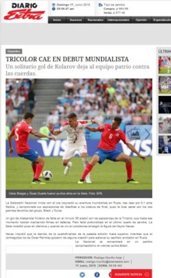 Prensa de Costa Rica: 'Se apaga la ilusión de los octavos en Rusia'