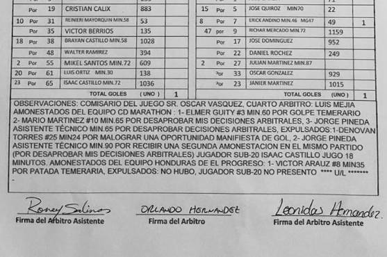 Error garrafal: árbitro Orlando Hernández no insertó en el acta expulsión de Denovan Torres; luego rectifican y es incluido