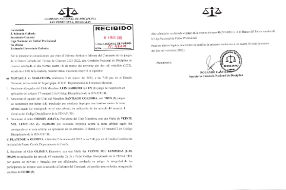 Jugadores de Marathón y Orinson Amaya son duramente castigados por la Comisión de Disciplina; Olimpia también recibe multa