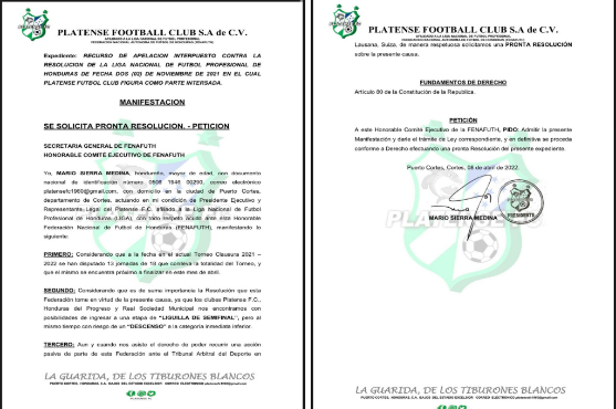 Platense vuelve a solicitar a Fenafuth una pronta resolución a la demanda contra Real Sociedad y Honduras Progreso