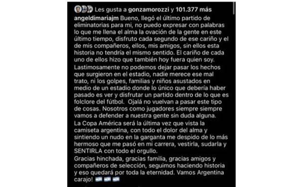 Di María, de 35 años, en un mensaje publicado en la red social Instagram.