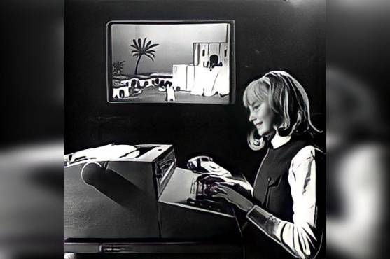 Una fotografía de una niña jugando The Sumerian Game en una computadora.