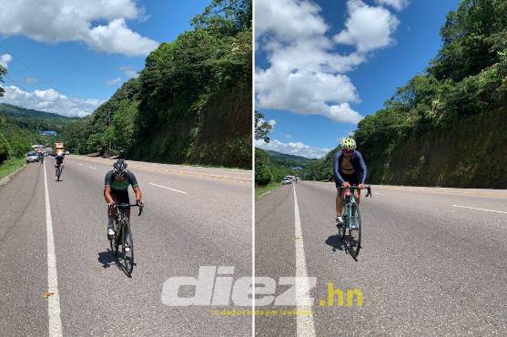 Dos corredores dando su máximo esfuerzo en la complicada ruta de la segunda etapa de la Vuelta a Honduras 2022.