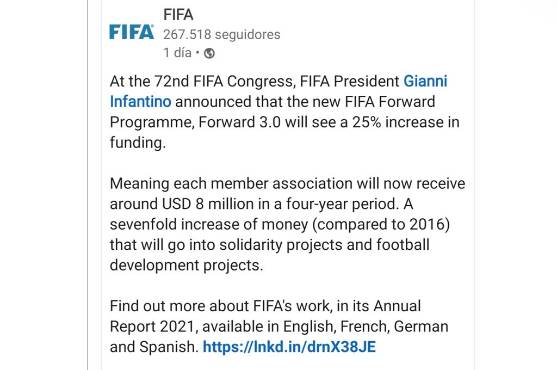 La publicación hecha por la FIFA.