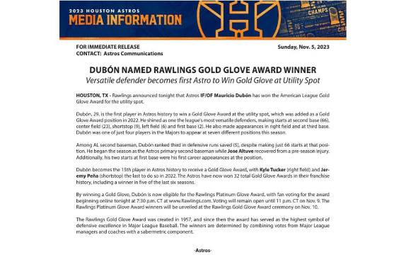 ¡Orgullo hondureño! Mauricio Dubón gana el Guante de Oro como el mejor Utility Player de la MLB