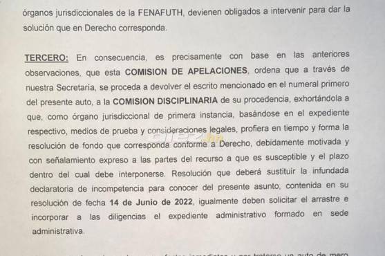 Parte del documento de la Comisión de Apelaciones ordena a la Comisión de Disciplina retomar el caso de Platense.