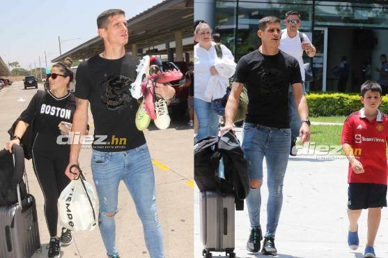 Jonathan Rougier fue recibido en Palmerola por su esposa e hijo Fotos: Estalín Irías.