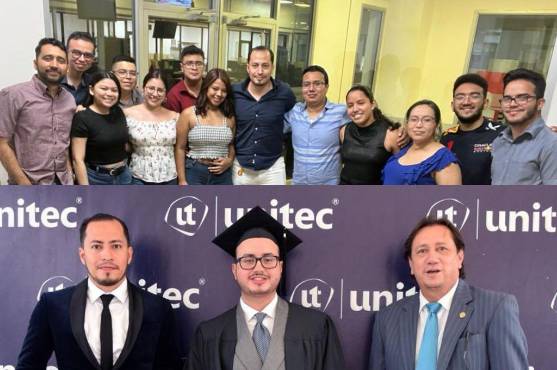 Arriba: Carlos Montes junto a su excompañeros de El Heraldo.Abajo: Recibiendo su título de periodista.