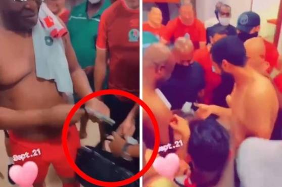 Descontrol total en el camerino del Olimpia por la presencia del vicepresidente de Surinam, Ronnie Brunswijk, quien regaló dinero a los jugadores.