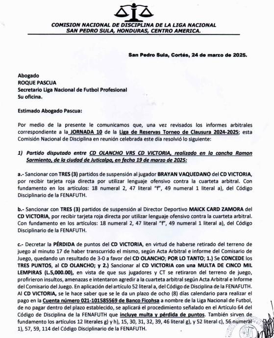 El castigo de la Comisión de Disciplina a las reservas del Victoria.