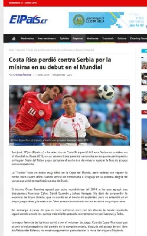 Prensa de Costa Rica: 'Se apaga la ilusión de los octavos en Rusia'