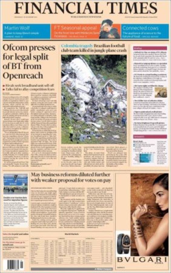 PORTADAS: ¡El mundo llora la tragedia aérea del Chapecoense!