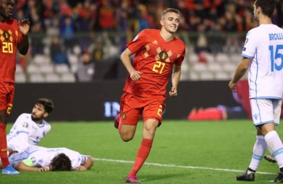 Belgium's Timothy Castagne celebrates after scoring a goal during the Euro 2020 qualifier group I football game between Belgium and San Marino on October 10, 2019 in Brussels. (Photo by VIRGINIE LEFOUR / BELGA / AFP) / Belgium OUT