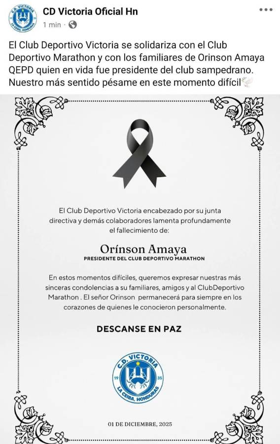 Pachuca y los equipos de la Liga Nacional despiden al presidente de Marathón, Orinson Amaya: Permanecerá en nuestros corazones