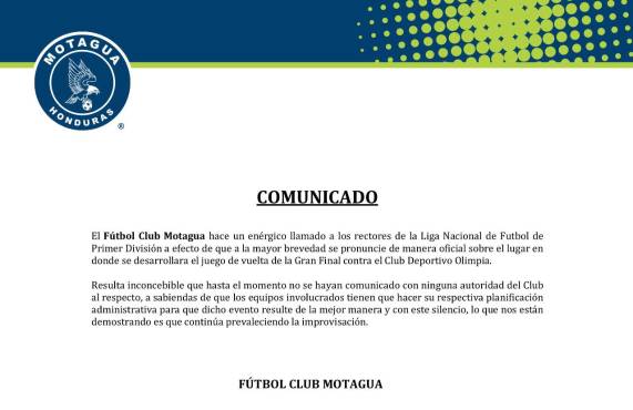 Directiva del Motagua exige confirmación de sede para el duelo de la gran final del torneo Apertura ante el Olimpia