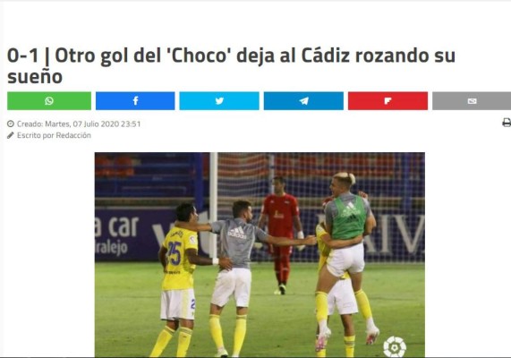 La prensa española se rinde al Choco Lozano tras su gol: 'Está dulce, acerca al Cádiz a Primera'